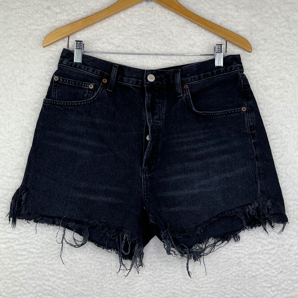 Levis 501 High Rise Denim Shorts Washed Black Raw Hem Cut Offs Womens